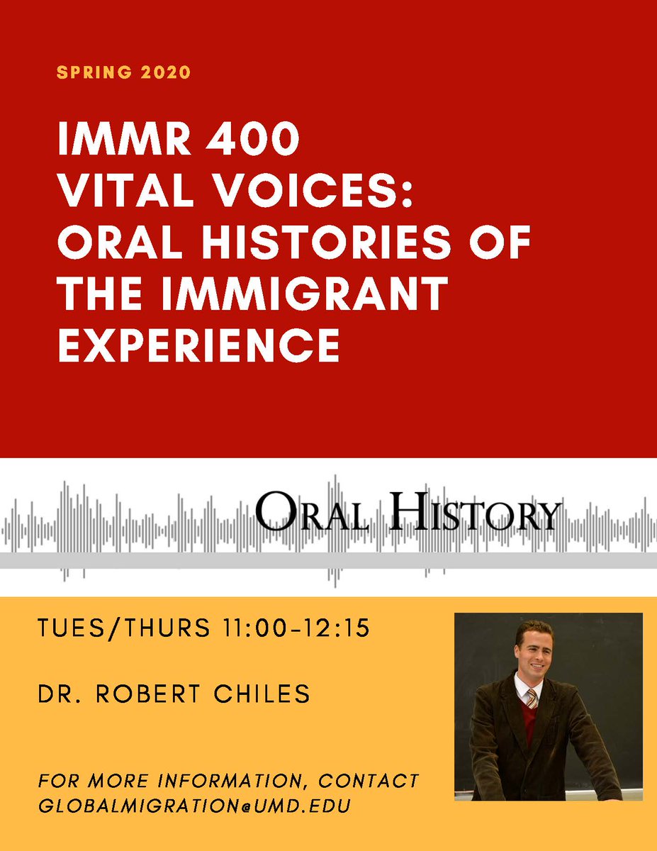 UMD_CGMS's tweet image. @UofMaryland students: Looking for a spring course? Consider IMMR 400 taught by @DrRobertChiles. Get experience in collecting and processing oral histories and learn a bit about the immigrant experience!