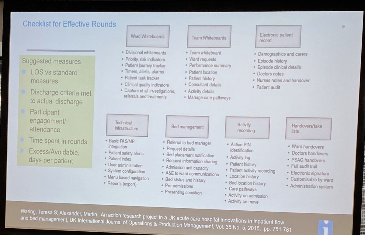 DrPaulaBennett's tweet photo. Ward rounds. Standardised processes are critical for flow @TheIHI #hospitalflow2019 @HealthInnovMcr #UMUnit https://t.co/Mvm12IVh0T
