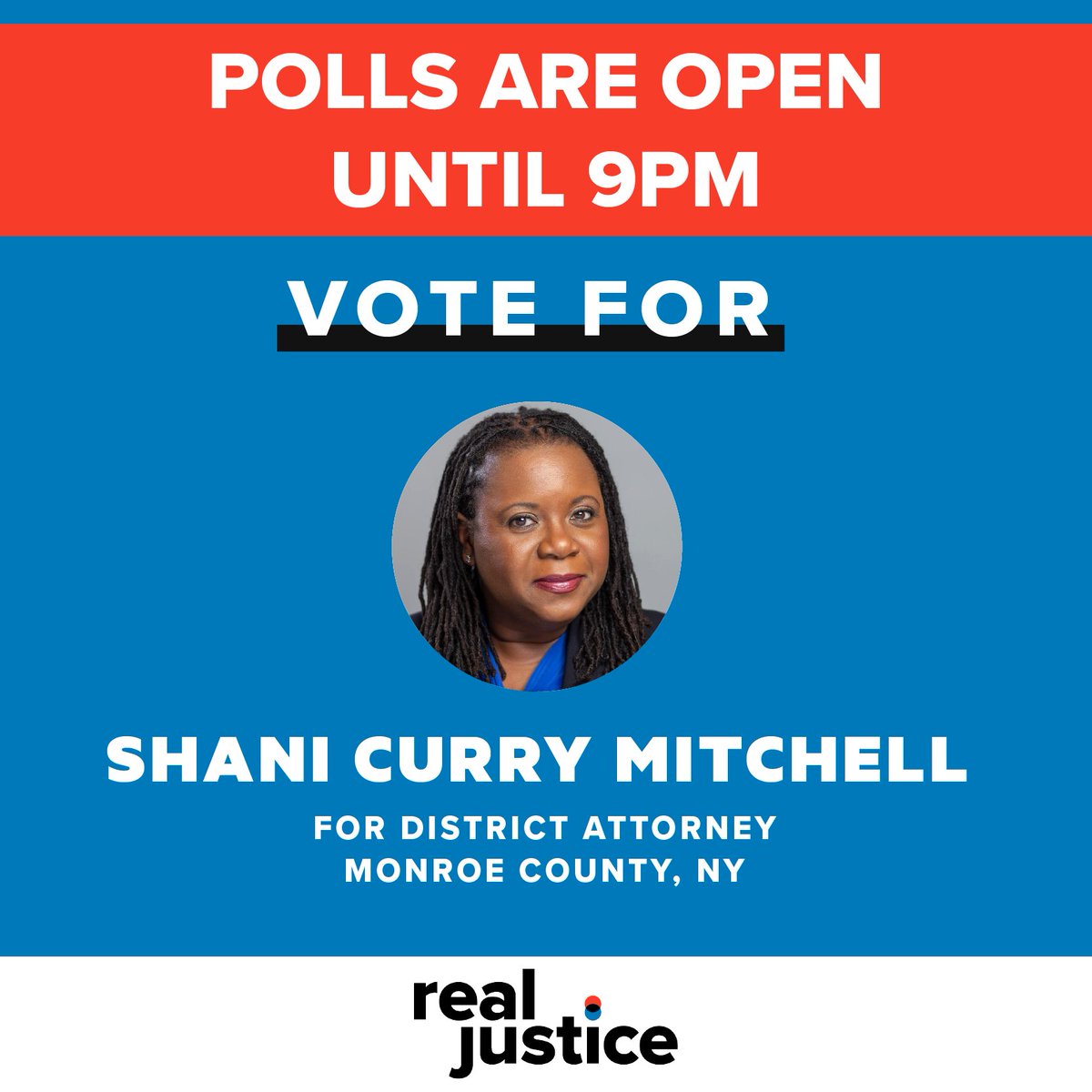 RealJusticePAC's tweet photo. Have you voted for @Shanic4DA yet? You still have time! Polls close at 9pm.  

Vote for Shani Curry Mitchell to end mass incarceration in Rochester.

Find your polling place here: https://t.co/sLbVnEvU9T
#ElectionDay https://t.co/sI3ejZUWbx
