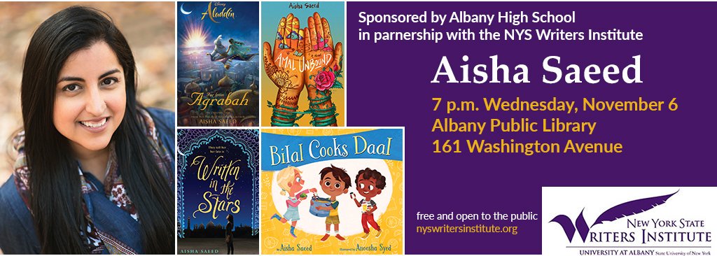 nyswi's tweet photo. Fun event! Meet YA/children's author Aisha Saeed at a presentation and Q&A Wednesday at the Albany Public Library. Sponsored by Albany High School. @aishacs @AlbanyNYLibrary @AlbHSLibrary @albanyschools @UAlbanyNews #communityengagement #free_event https://t.co/JHQyXWi5hL