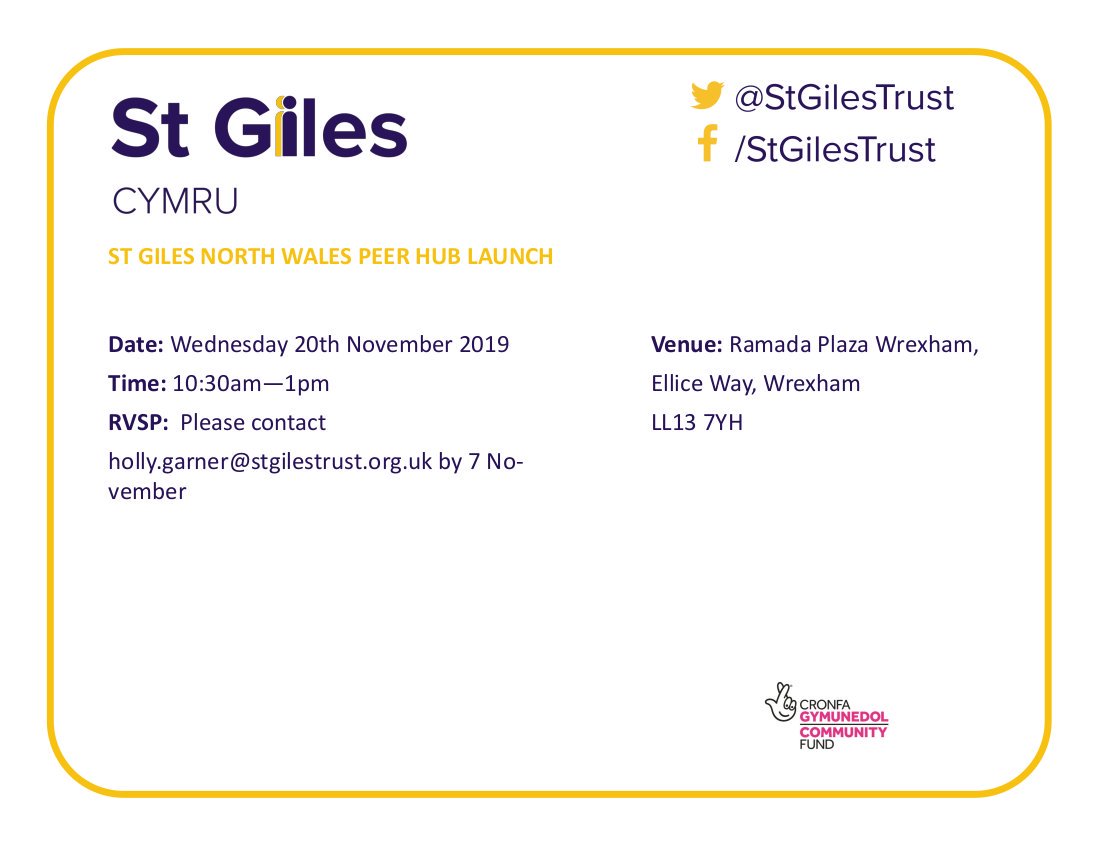 StGilesPAN's tweet photo. The St Giles Peer Hub is launching in North Wales. To celebrate, we’re hosting an event at the Ramada Plaza on 20 November. If you'd love to join us and find out about some of our Peer's amazing stories, all you have to do is get in touch at Holly.Garner@stgilestrust.org.uk! https://t.co/34AKKbz1IY