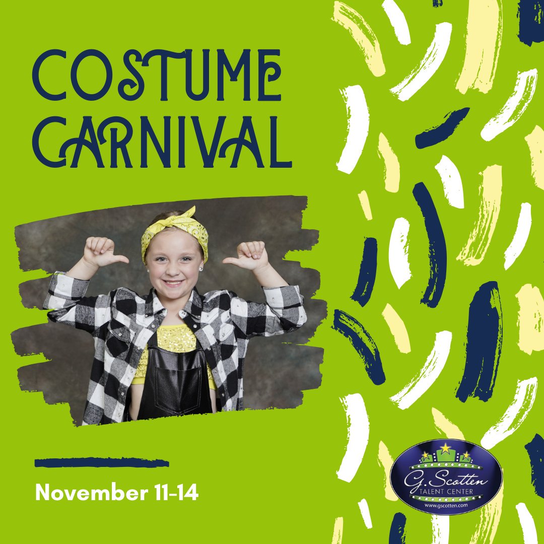 GScottenTalent's tweet photo. 🎉✨This year's Costume Carnival will take place November 11-14. During the week, students will be measured for their dance recital costumes and photos of the selected class costumes will be displayed for excited students and parents to enjoy. Mark your calendar!✨🎉 #gogstc https://t.co/EpoJadk9dD