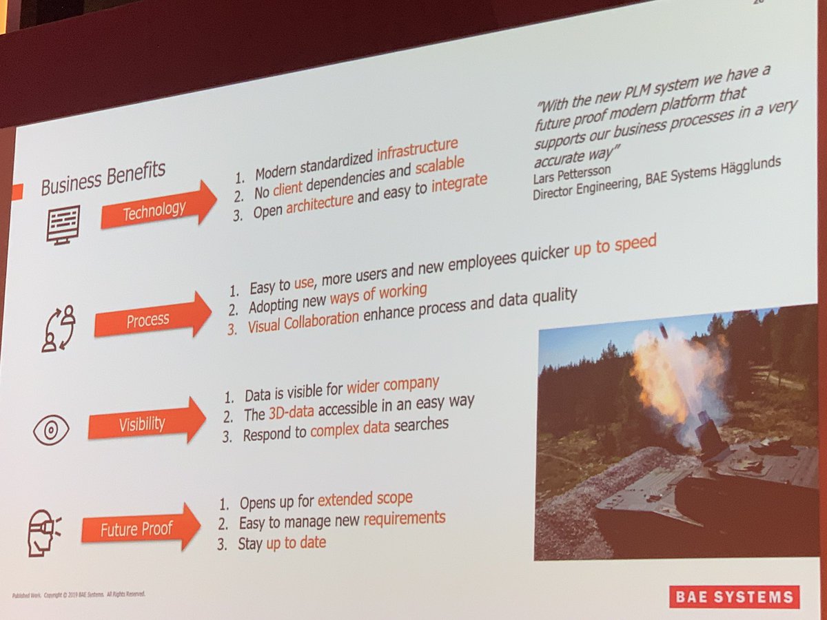 MarcL_'s tweet photo. BAE Systems business benefits of @ArasPLM @aras_plm <23 million objects migrated #ACEcon19 https://t.co/FqVAmfWkAD