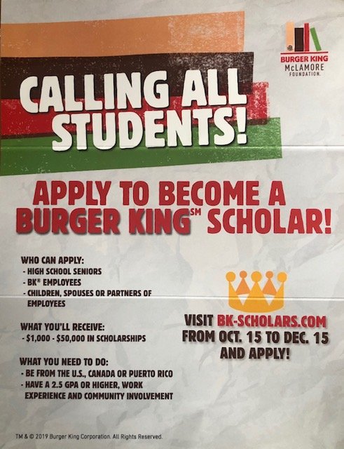 ESDHGuidance's tweet photo. Burger King Scholarships are now open. Apply before December 15.  More information here:  https://t.co/HBDtssqz5t https://t.co/mdDOotaRNW