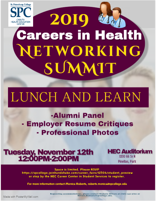spcnews's tweet photo. Want to network with #SPCTitan alumni and healthcare professionals? Join us on November 12 from 12-2 p.m. at the #SPCHealth Auditorium. Bring your résumé and take a professional headshot! #CareerSPC #SPCIntern https://t.co/mKSODgF96B