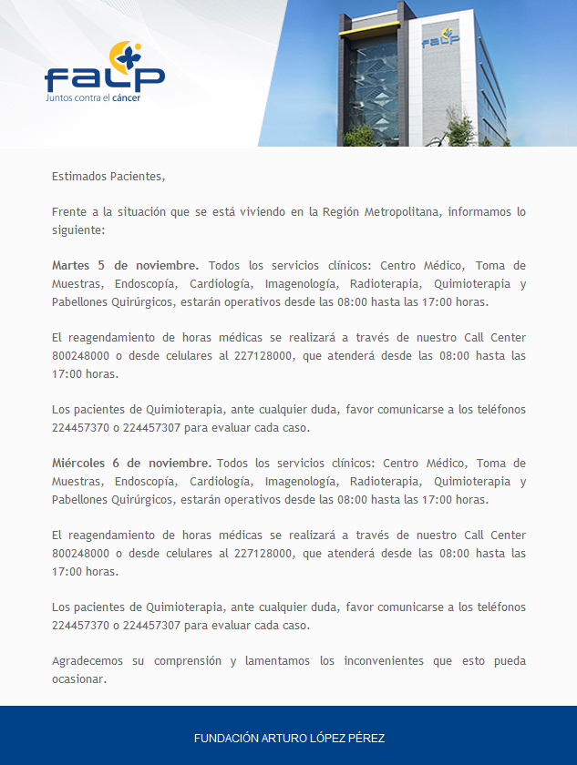 Querida comunidad FALP:
Informamos actualización de horarios de atención: