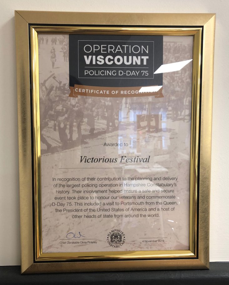VictoriousEnts's tweet photo. We'd like to say a huge thank you to @HantsPolice  for awarding us with their certificate of recognition for our work on the D-Day-75 Commemorations. https://t.co/0TYdHGTI1M