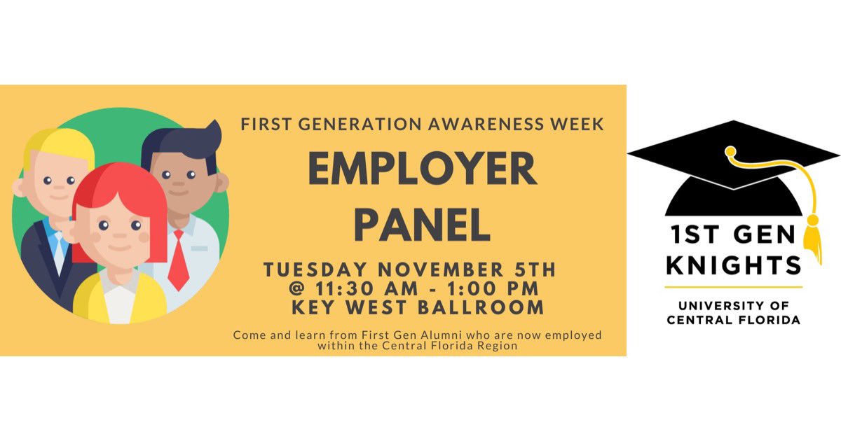 UCFGC_SSAI's tweet image. As we continue to celebrate First Gen Awareness Week, join us for an employer panel in the Key West Ballroom at 11:30 AM! There will be refreshments and FREE T SHIRTS for attendees!
#ucffirstgen #celebratefirstgen #firstgenstudent