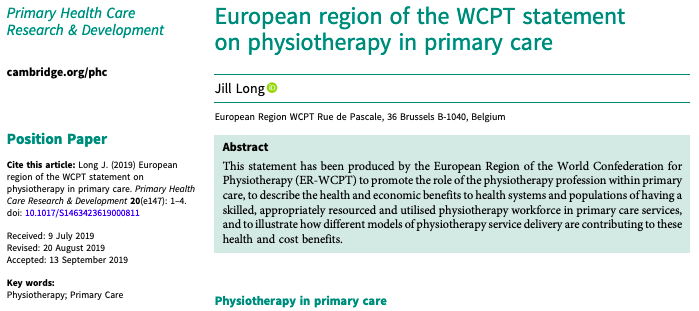 ERWorldPhysio's tweet photo. 📢@ERWCPT statement on #Physiotherapy in #PrimaryCare published on @CambridgeCore in Primary Health Care Research &amp; Development, Volume 20 &amp; is available at
👉 https://t.co/6d7eMxd6sF  @EU_Health @PrimaryCare4um @ENPHE_ @EUPHActs @EPHA_EU @WCPT1951 #GlobalPT Thank you @JillLong10 https://t.co/QFfjNMouoH