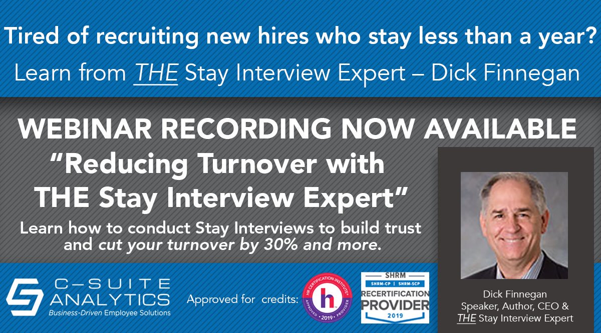 Finnegan_Inst's tweet photo. Available NOW! RECORDED WEBINAR with THE Stay Interview Expert, @Dick_Finnegan. LEARN how to conduct Stay Interviews to build trust and cut your turnover by 30% and more and EARN @HRCertInstitute and @SHRM Credit. #StayInterviews #CutTurnover #DickFinnegan https://t.co/LkzWENYkXP https://t.co/uIplVGGSWf