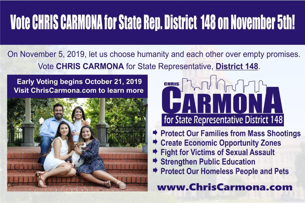 CRISCOKIDD's tweet photo. HOUSTON! Vote for Chris Carmona in HD 148. Not just because @CarmonaForTexas is my brother but, because I believe in him and his vision for his District, the city of Houston and the great State of Texas! #CarmonaForTexas #HD148 #TXHD148 https://t.co/lnGJZN29R0