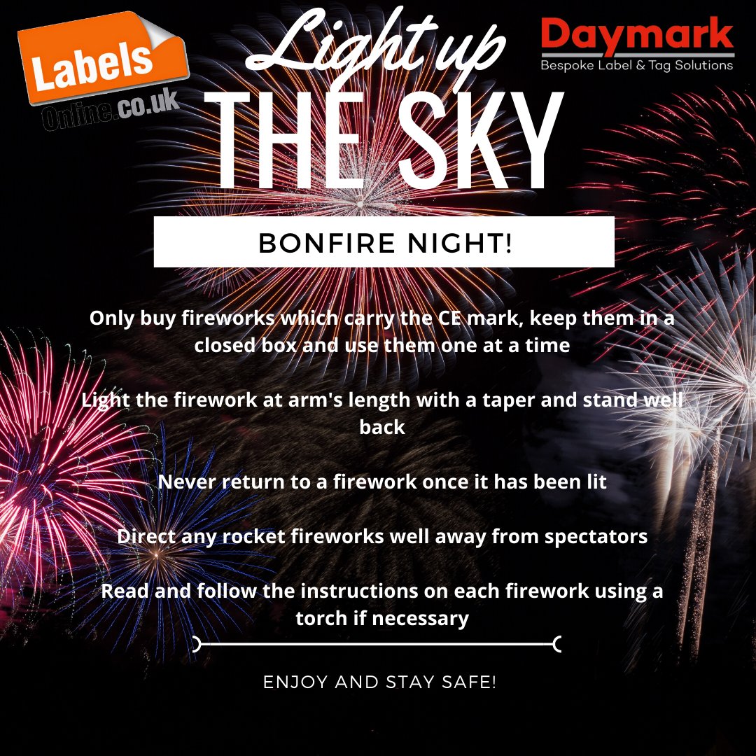 🎆🎇✨

REMEMBER REMEMBER! From everyone at Daymark and Labels Online we wish you all a wonderful evening if you are celebrating tonight. 

Remember to stay safe and wrap up warm! 

#Labels #Tags #Stickers #Daymark #LabelsOnline #Fireworks #Bonfire