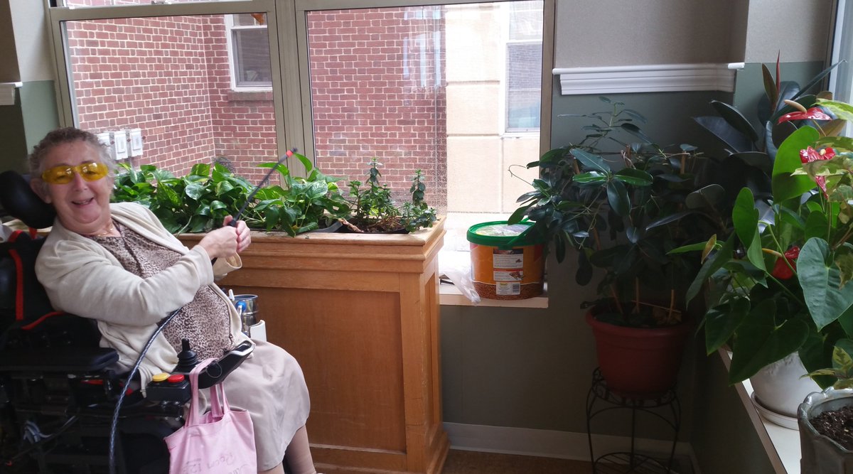 TheBostonHome's tweet photo. Sarah enjoys her plants year-round in TBH's Garden Room. @MIT students helped design a watering can that attaches to Sarah's wheelchair, with a button that allows her to control the flow of water. #techtuesday #accessiblegarden
#gardenyearround https://t.co/Oc0JH38XZK