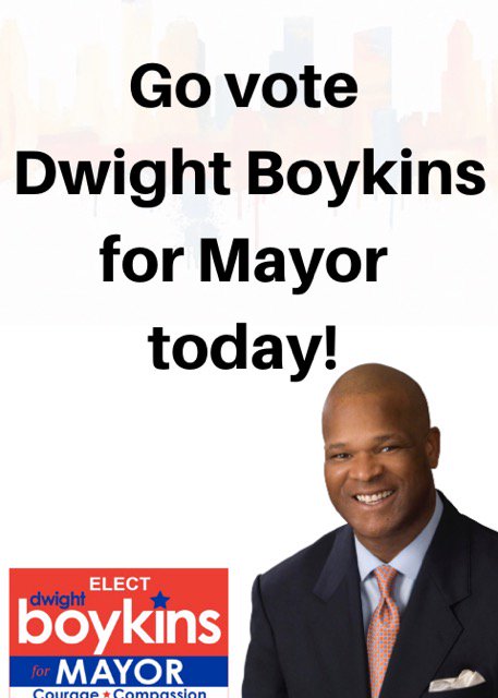 DwightBoykins's tweet photo. Election Day is today! Go vote Dwight Boykins for MAYOR!

#DwightBoykinsForMayor2019 #DwightBoykinsForMayor #DwightBoykins #HoustonTexas #HoustonTX #HoustonStrong #ProgressHouston #ilovehouston #Support https://t.co/oEETZ3Ql0h