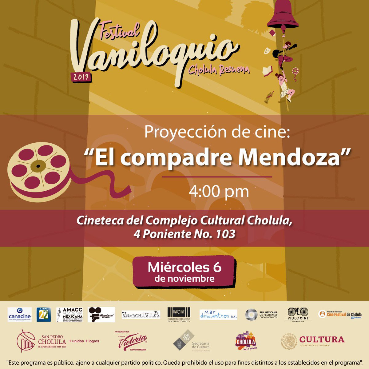 El compadre Mendoza una película mexicana de 1933 dirigida por Fernando de Fuentes basada en un cuento de Mauricio Magdaleno.
Considerada como la tercera mejor película mexicana del siglo XX
No te la pierdas mañana 4 pm en la #CinetecaCholula #FestivalVaniloquio <a href="/GobiernoCholula/">Gobierno de Cholula</a>