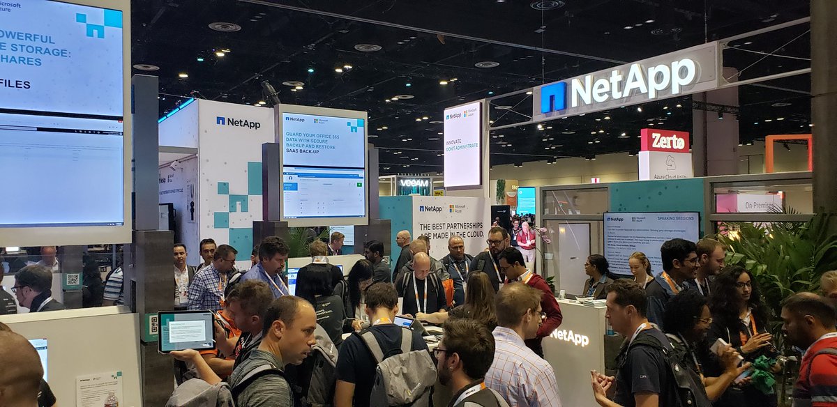 SQLStorage's tweet photo. @netappcloud Good times in the #NetApp booth (1047) here at #MSIgnite. Lots of people and great conversations. Come chat with me about Azure Netapp Files (or SQL, or whatever) #DataDriven #MSPartner https://t.co/Bm7fyDC3tD