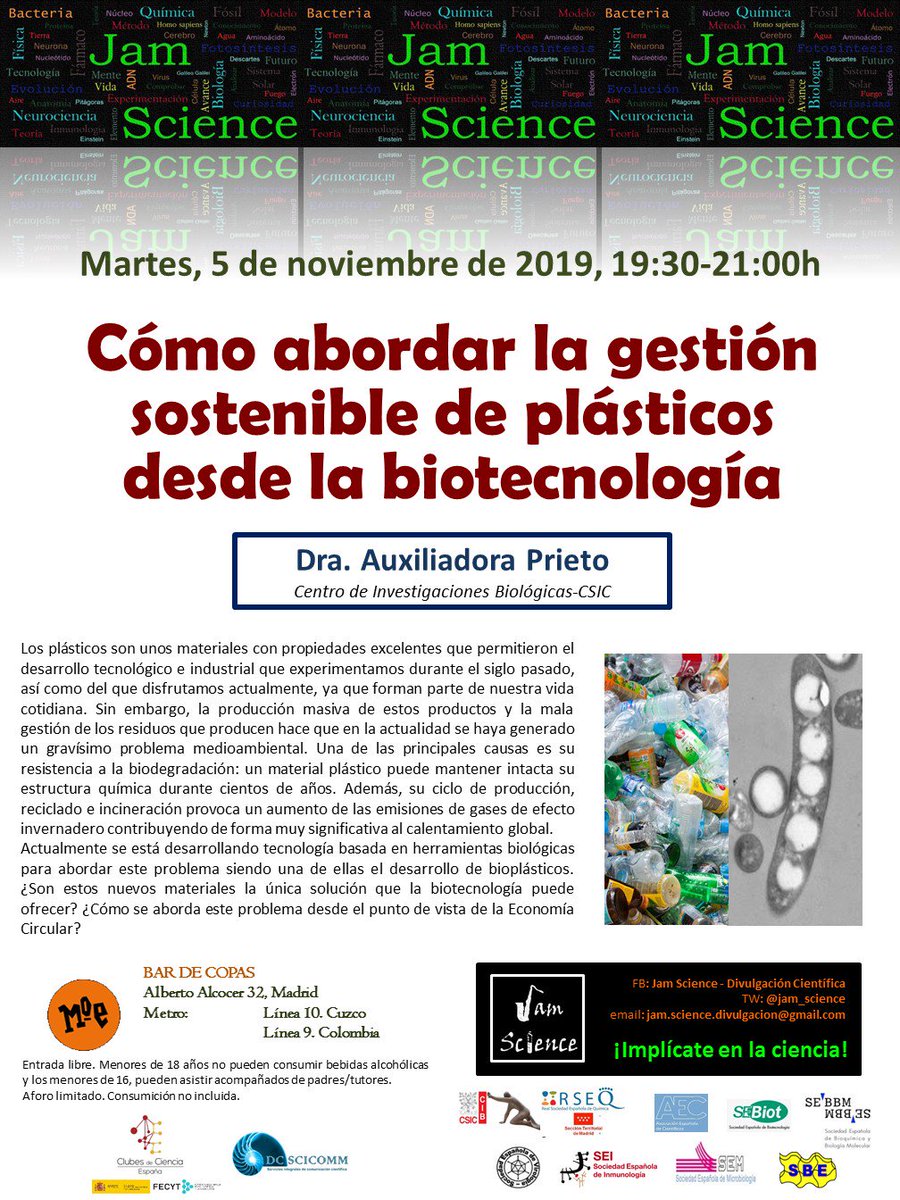 CSICdivulga's tweet photo. Hoy martes, nueva #JamScience a las 19:30: 'Cómo abordar la gestión sostenible de plásticos desde la biotecnología' ➡️ https://t.co/VrcDv5dNNf
#SemanaCienciaCSIC https://t.co/Ol8x9l7oCu