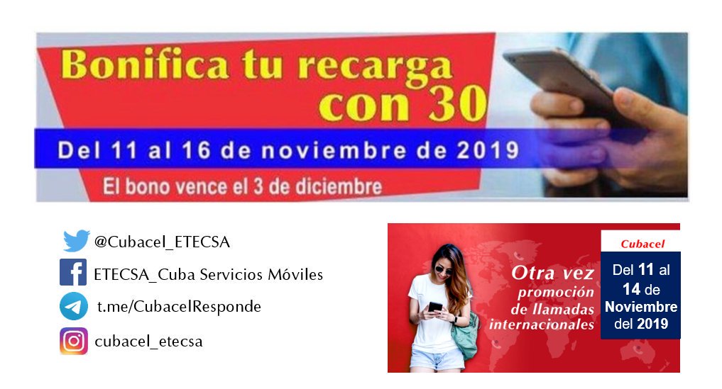 ETECSA_Cuba's tweet photo. #NuevaPromoción Si recibe una #RecargaInternacional del 11 al 16/11 entre 20 y 50 CUC, obtendrá un #BONO de 30 CUC, a consumir hasta el 3/12. 
Del 11 al 14/11, para los clientes con #BONOS DE DINERO VIGENTES, las llamadas INTERNACIONALES tendrán un descuento del 50%. https://t.co/SV4FOsOHeo
