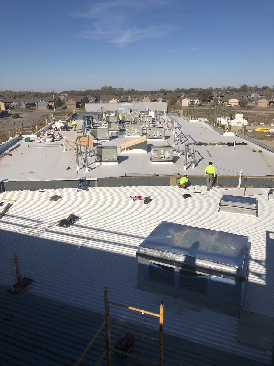 Bbrinker1's tweet photo. Steel Erection, Framing, Masonry, Plumbing, HVAC, Electrical, Roofing, These are just a few of the many things going on at Stone Creek Elementary School. #DerbyBondProgress @McCownGordon https://t.co/5pX4yFf2HU