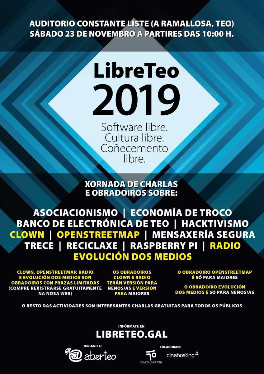 ABERTEO's tweet image. E o que vos queriamos anunciar... Xa temos cartaz para o LibreTeo 2019 Este 23 de Novembro no Auditorio Constante Liste da Ramallosa vide a aprender, libremente, o que máis vos preste.

Mañá, teremos a web dispoñible para que poidades informarvos polo miúdo.

Seguídenos!!