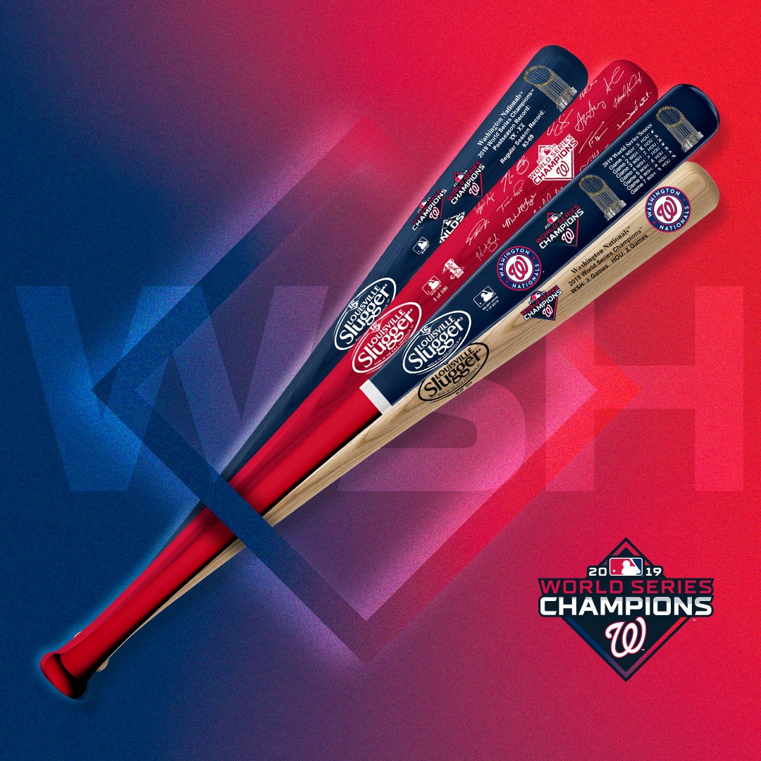 Nationals's tweet image. It's 4:31 PM on November 5 and we're still #WorldSeries champions.

Celebrate with commemorative, limited-edition gear from @sluggernation. 

Retweet for a chance to win a bat! 

Rules: mlb.com/nationals/soci…
