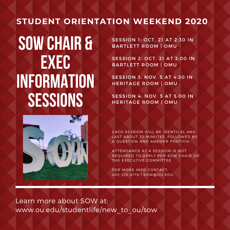 Don't forget about our last information session for SOW Exec this evening! We have two schedule, one at 4:30 and the next at 5:00. Both will be in the Heritage room of the Union!
