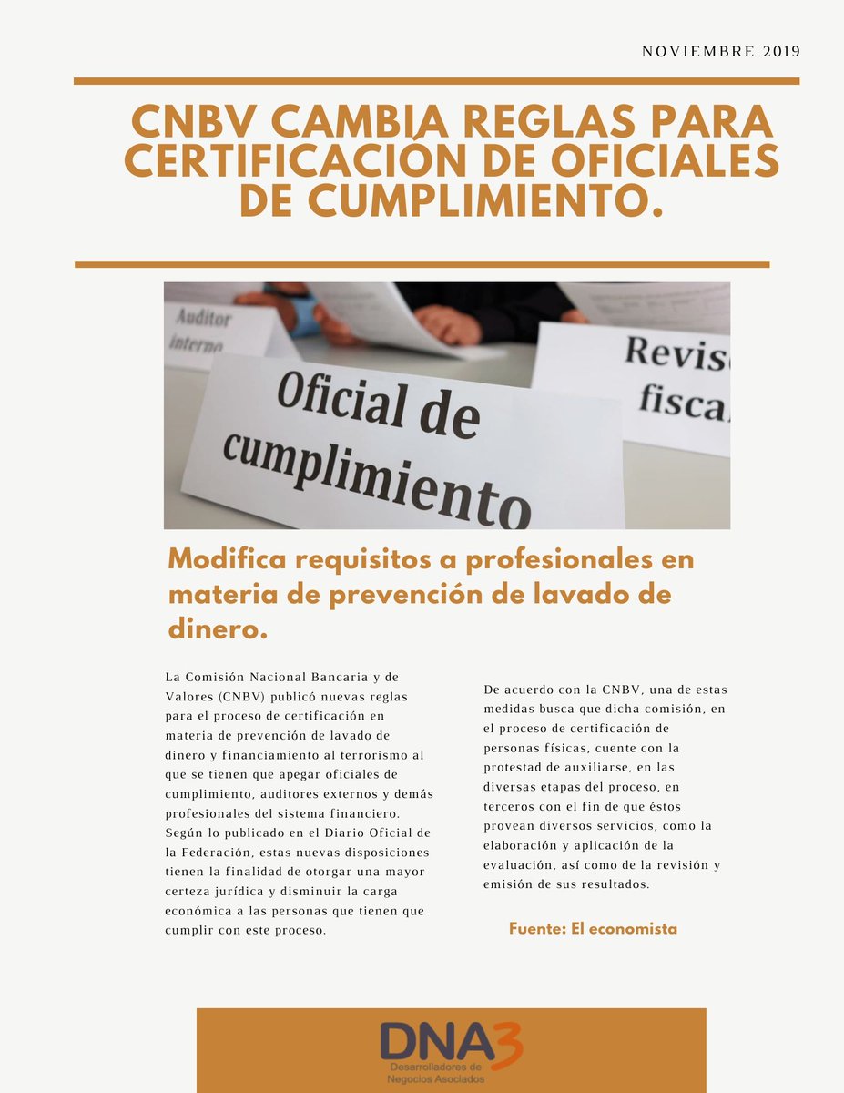 DNA3SC's tweet image. ¡Buen día estimados!
Hace un par de días se dieron a conocer las nuevas reglas para Oficiales de Cumplimiento.

Si quieres mayores detalles puedes visitar el siguiente LINK:
👇🏼👇🏼👇🏼👇🏼👇🏼👇🏼👇🏼

eleconomista.com.mx…/CNBV-cambia-reglas-para-c…

#DOF #DNA3SC #PLD #FT