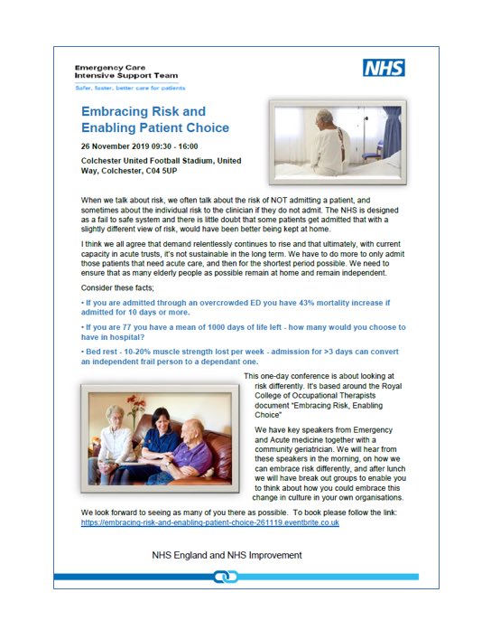 Free ‘Embracing Risk; enabling patient choice’ workshop 26th Nov -  Colchester Football Stadium. There are still places left. If you work in the local Essex and Suffolk health and care systems, it would be great to see you there. You can register here eventbrite.co.uk/e/embracing-ri…
