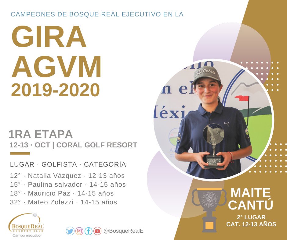¡Felicitamos 🎉👏 a los campeones que participaron en la primera etapa de la #GiraAGVM; en especial a Maite Cantú, quien ganó el 2do lugar 🏆 de la categoría 12-13 años!
#Golf 👏🏌️‍♀️🏌️‍♂️⛳