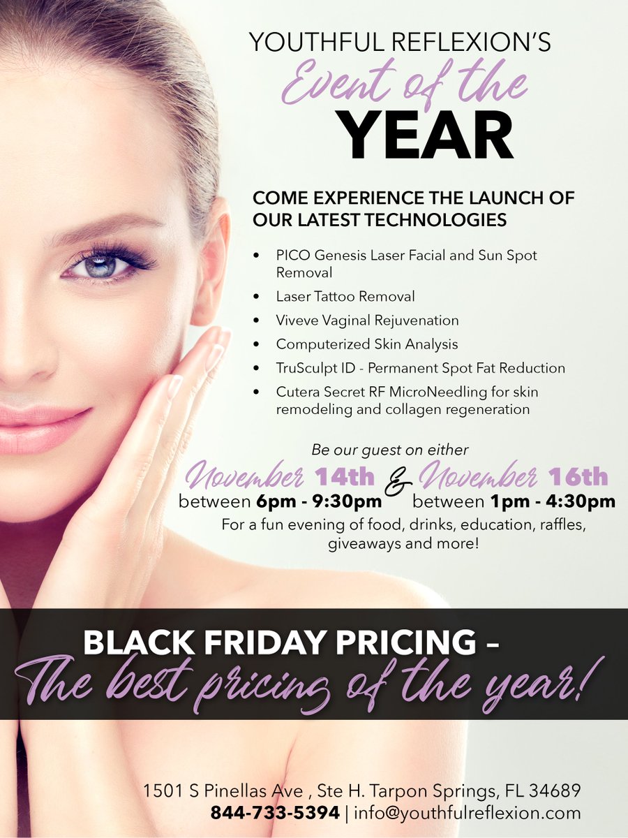 YR_AntiAging's tweet photo. The Event of the Year at Youthful Reflexion Med Spa is happening soon! Join us for food, drinks, education on our state of the art technologies, and get the chance to win BIG with raffles and giveaways! 
BLACK FRIDAY PRICING YOU DO NOT WANT TO MISS! https://t.co/nVSZcxYS1e