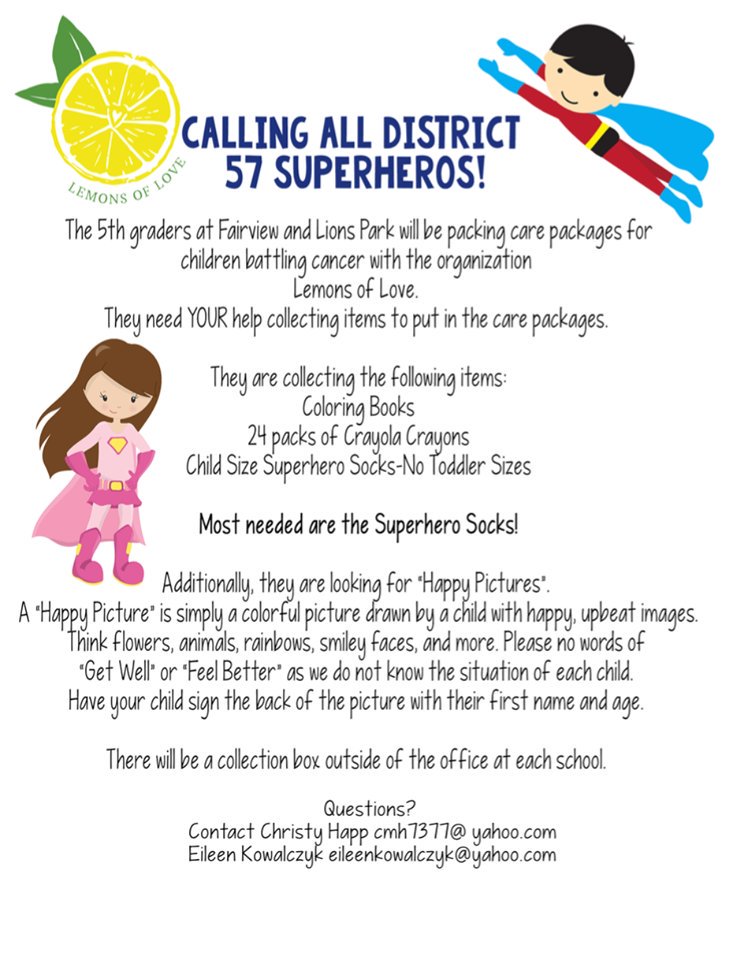 Please help our <a href="/fairview_d57/">Fairview Elementary D57</a> and <a href="/lionspark_d57/">Lions Park Elementary</a> 5th graders with this very special project for <a href="/LemonsOfLove14/">Lemons Of Love</a>! Collection boxes at each of the schools through this Friday, 11/8. #D57givesback