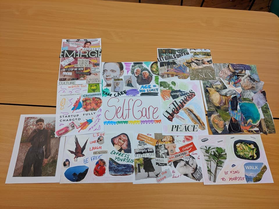 A wonderful #selfcare collage of magazine cut-outs, colouring and quotes, put together at Likewise Community Centre. #Wellbeing