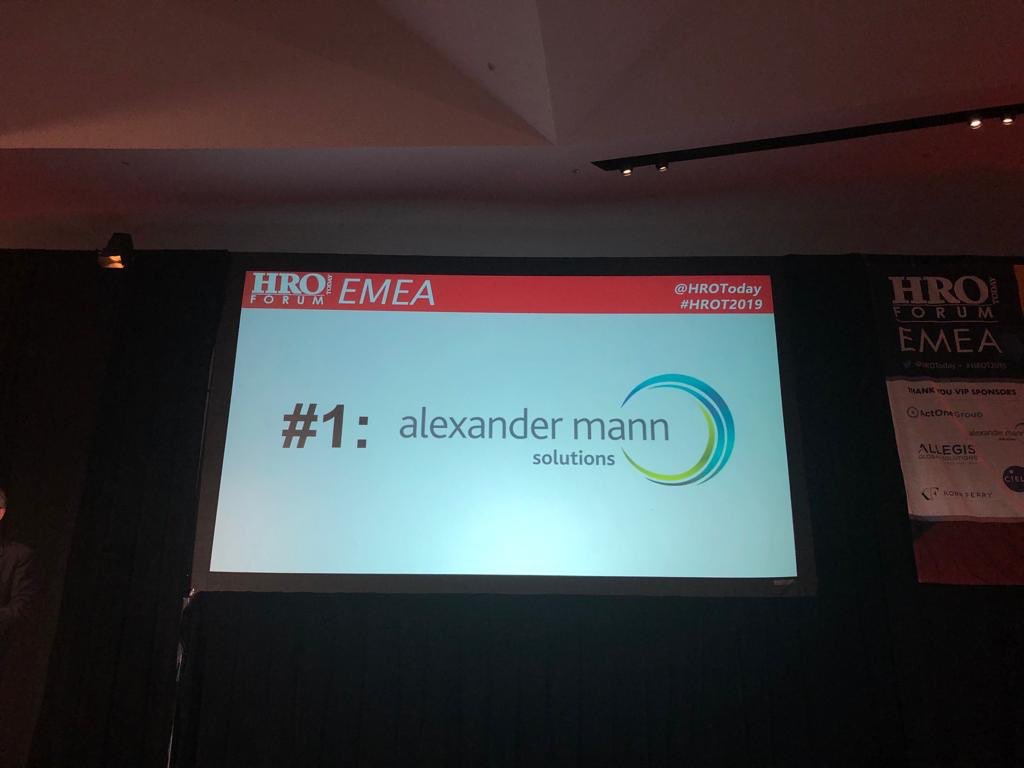 Rounding off a very positive day here at <a href="/WeAreAMS/">AMS</a>. #1 spot on the <a href="/HROToday/">HRO Today</a> EMEA Baker’s Dozen for RPO Providers (&amp; #1 for Quality of Service &amp; #1 for size of deals) Nice to see this on screen in Dublin. Congrats to all the teams who have worked so hard to earn this accolade.