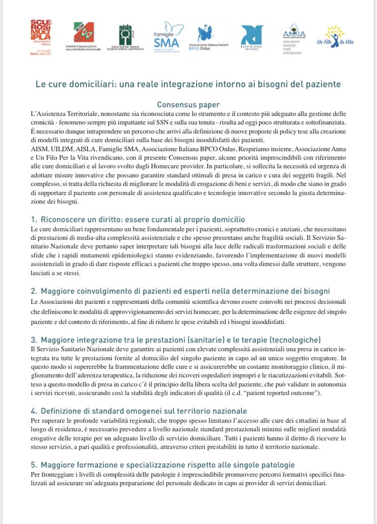 Le cure domiciliari rappresentano un bene fondamentale per pazienti con grave patologia cronica e ieri finalmente, dopo un percorso integrato tra vari soggetti interessati, tra cui la nostra e altre associazioni, è stato portato all’attenzione delle Istituzioni il Consensus paper