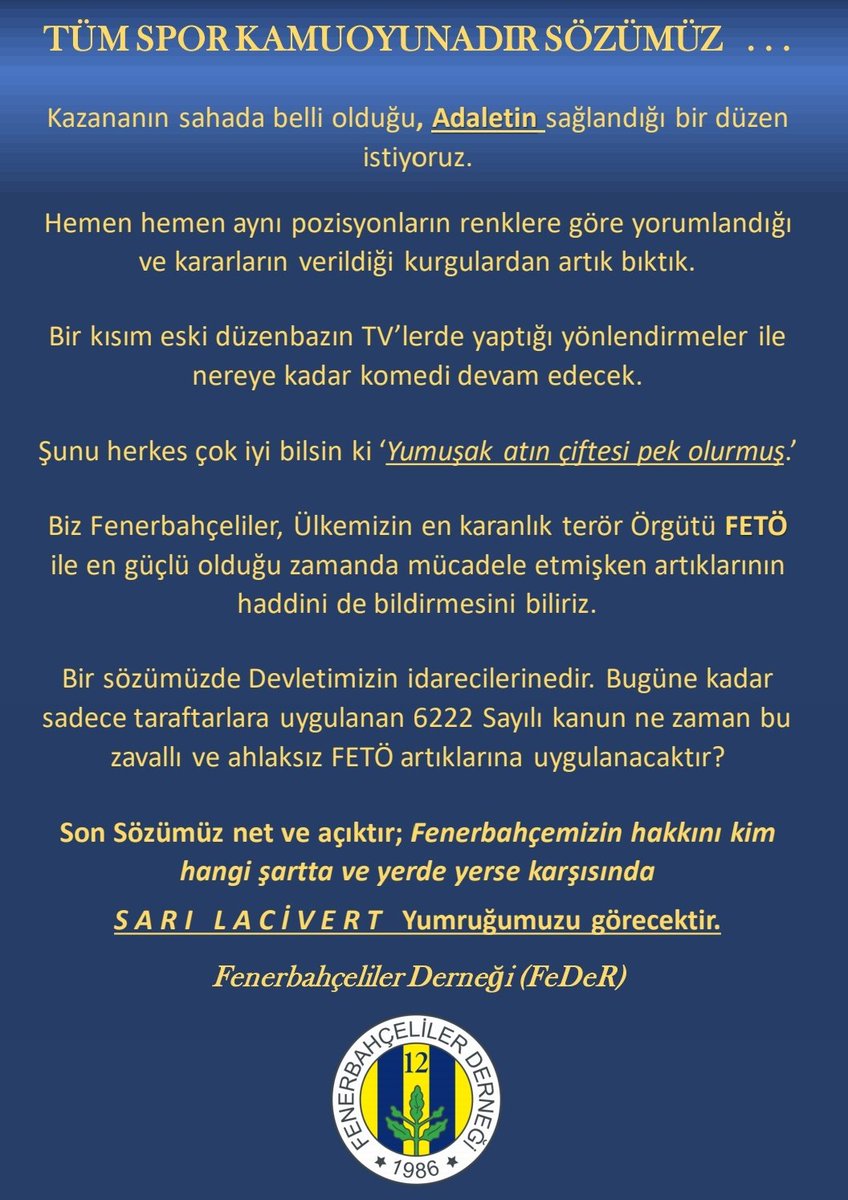 BİZ ARTIK YETER DİYORUZ! 

Hep birlikte bu kirli düzene karşı durmak için sonuna kadar devam ? <a href="/1907FBD/">1907 Fenerbahçe Derneği</a>  <a href="/gencfborg/">Genç Fenerbahçeliler</a> <a href="/OkulAcikcom/">OKUL AÇIK</a> <a href="/FenerbahceTP/">Fenerbahçe Taraftar Platformu</a> <a href="/12numaraorg/">12 Numara 🇹🇷</a> <a href="/Feneristcom/">Fenerist 🇹🇷</a> <a href="/ajansfenercom/">Fener Ajans 🇹🇷</a> <a href="/MedyaFener/">Medya Fener</a> <a href="/UntilTheGraveFB/">UTG - Until The Grave</a> @fbrepublicorg