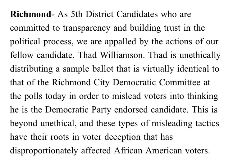 Three 5th District candidates - Stephanie Lynch, Nicholas Da Silva, and Jer’Mykeal McCoy - just sent out a release calling Thad Williamson’s sample ballot “beyond unethical” and “misleading” <a href="/myVPM/">VPM</a>