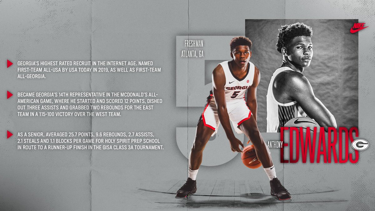UGABasketball's tweet image. Last but not least...

A Freshman from Atlanta, GA 

5⃣ Anthony Edwards

#MeetTheDawgs