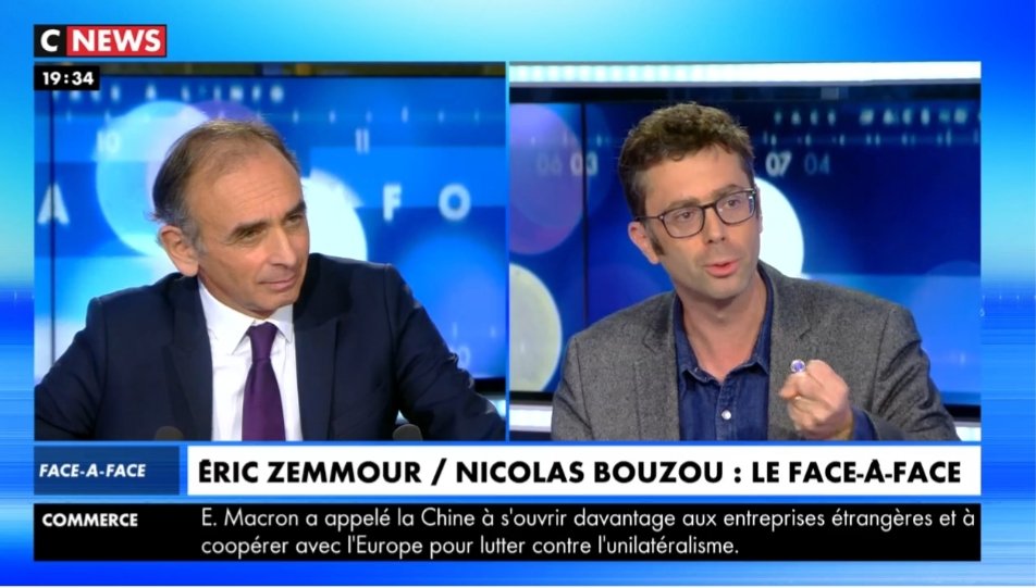 Verlaine (@__Verlaine__) on Twitter photo 2019-11-05 18:39:01 Très heureux de retrouver ce soir @nbouzou dans le face-à-face avec #Zemmour de #Facealinfo sur @CNEWS... Bravo Nicolas Bouzou car vous êtes le premier à remettre ça face à Éric Zemmour 👏🏽👏🏽👏🏽 Très heureux de retrouver ce soir @nbouzou dans le face-à-face avec #Zemmour de #Facealinfo sur @CNEWS... Bravo Nicolas Bouzou car vous êtes le premier à remettre ça face à Éric Zemmour 👏🏽👏🏽👏🏽