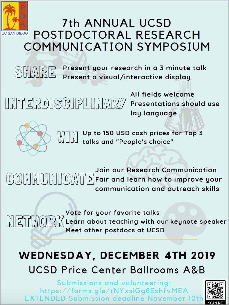 UCSDPDA's tweet photo. Our 7th ANNUAL UCSD
POSTDOCTORAL RESEARCH
COMMUNICATION SYMPOSIUM will take place on Dec 4th!
Sign up to win up to $150 for presenting your research & join the Research Communication Fair!
Sign up at https://t.co/1UKg5kqrsW
#ucsdpostdocs #postdocsymposium #scicomm https://t.co/PbnT4y3dqT
