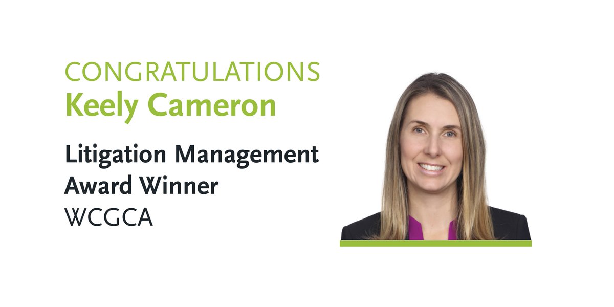 Keely Cameron wins the Litigation Management Award at the 2019 Western Canadian General Counsel Awards. Congratulations, Keely! #WCGCA wcgca.ca/2019-award-rec…