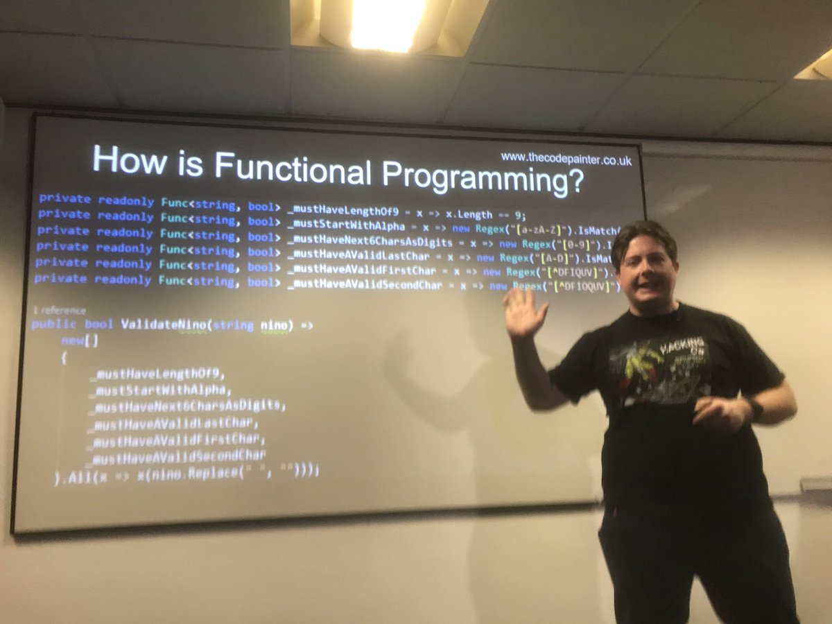 stevetalkscode's tweet image. @madSimonJ explaining chaining functions together with a breakout in first fail using .All in Linq @dotnetsheff #dotnetsheff #Dotnet