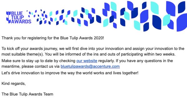 Gedaan! Vandaag hebben we <a href="/Hartmaatje/">hartmaatje</a> aangemeld voor de #BlueTulipAwards2020 Een <a href="/accenture/">Accenture</a> initiatief om innovators te verbinden en de toekomst ingrijpend te veranderen. #HackingHealth