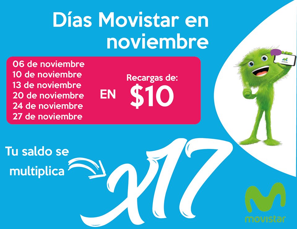 gestopago's tweet photo. #DíasMovistar con recargas que se multiplican x 17. 😱

¡Participan recargas de $10 pesos!

** La vigencia del Tiempo Aire promocional depende de la recarga. https://t.co/Wrk4Miz5FU