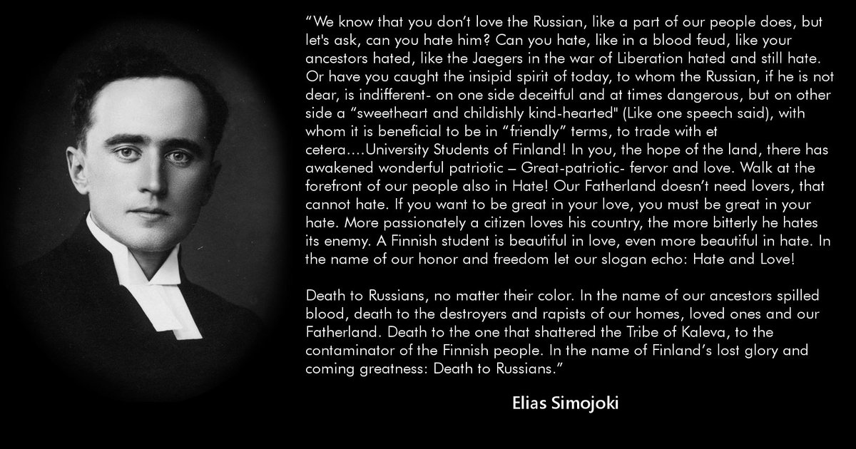 Kaila’s main goal in politics was uniting the political spectrum in Finland in anti-Russian hatred. This hatred was a central tenet of AKS ideology. Kaila founded a secret society inside AKS, called Vihan Veljet, the Brothers of Hate... 12/42