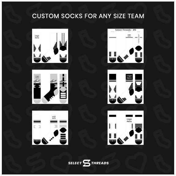 select_threads's tweet image. With just 15 pairs per size, we are able to create socks for every team, every size, and every sport. Take advantage of our FREE mock-ups. #SelectThreads