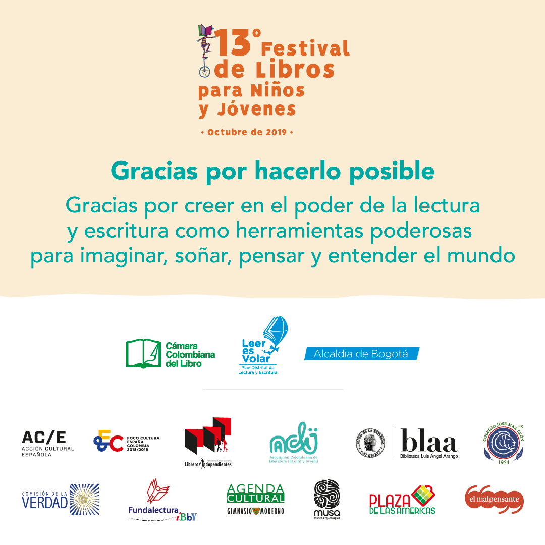 LIJColombia's tweet photo. Gracias por ser parte del 13º Festival de Libros para Niños y Jóvenes ¡Los esperamos en el 2020! #FestivalLIJ

*Organizan: @CamLibro e @idartes https://t.co/BHJdMxi4fz