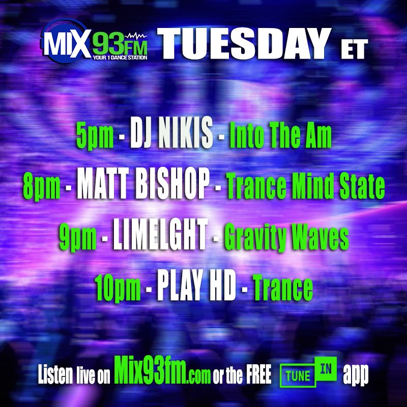 mix93fm's tweet photo. @nickm_djnikis #InTheMix 2pm PT 5pm ET - Later get your #Trance fix with @djmattbishop and then Brand new episode of @limelghtoffcl #GravityWaves tonight on https://t.co/ZAdSHH07NQ or look for #Mix93fm on free @tunein app 10pm ET #Syncopated with #PlayHD https://t.co/r99TEKFfFj