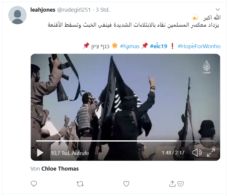 grischka's tweet photo. Unter dem Hashtag #EIC19 wurden gestern ca. 50 Tweets mit #ISIS/#Daesh-Propaganda gepostet, darunter Videos die Enthauptungen zeigen. Auf dem 1. Europäischen Israelkongress hatten sich am Tag zuvor 150 Vertreter getroffen, die sich gegen #Antisemitismus und für #Israel einsetzen. https://t.co/ocoySkqKhs