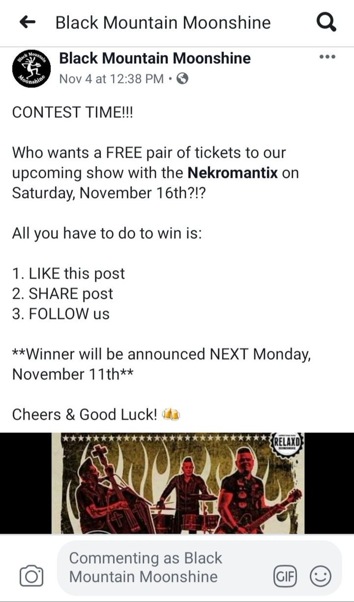 BlkMtnMoonshine's tweet image. We're running a ticket giveaway contest on our Facebook page!

Winner will receive a FREE "pair" of tickets to our show with @Nekromantix on 11/16/19.

LIKE, SHARE, FOLLOW for eligibility! 

Follow this link to participate:
facebook.com/BlackMtnMoonsh…

Cheers 🍻 and Good luck! 🤘😎🤘