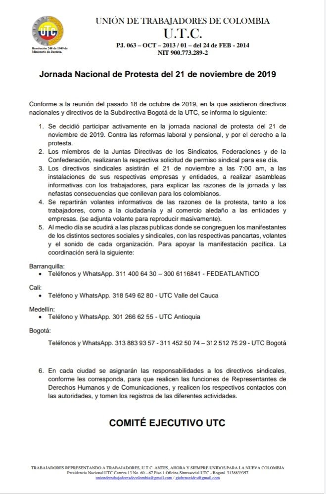 UTCinformaopina's tweet photo. Jornada Nacional de Protesta del 21 de noviembre de 2019. @IvanDuque @MintrabajoCol @SenadoGovCo @CamaraColombia @OITAmericas @ocdeenespanol @OITnoticias https://t.co/AiYRGXtdOZ